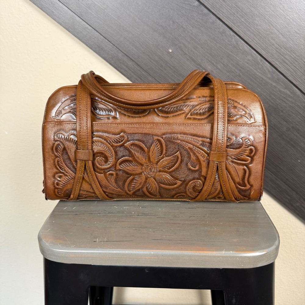 VTG Gold Calf Tooled Leather Handbag Wallet Set Brown Floral Western SEE DESC